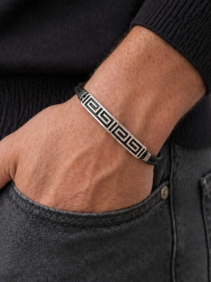 Sterling Silver Aztec Rubber Bracelet Greek Key Adjustable Taxco Jewelry